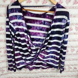 Truly Me Tie Dye Top Twist Front Long Sleeve Striped Purple White XL